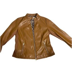 Calvin Klein Women's BrownJacket Pleather W Stretchy Inset Gold Zippers L